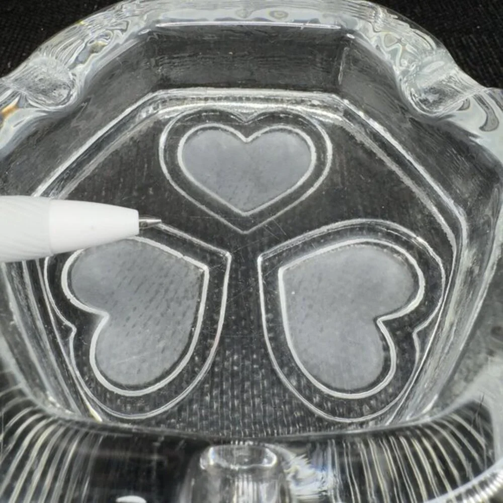 Vintage Scandinavian Clear Glass Dish Bowl Ashtray With Frosted Satin Hearts VTG